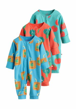 Three children's pajamas. Blue and green striped fabric with apple juice box and broccoli patterns; red and teal pajamas feature tomatoes and broccoli designs.