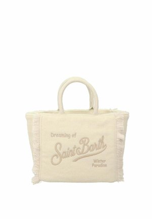 Borsa shopper in tela bianca con frange testurizzate, con testo ricamato: "Sognando il paradiso invernale di Saint Barth" in beige.
