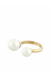 Guldprinsk ring med två vita pärlor i olika storlekar, minimalistisk öppen design med slät yta och glänsande finish.