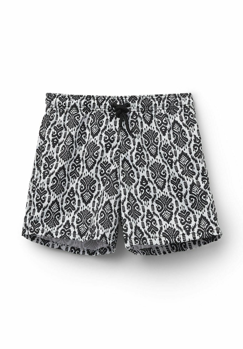 Černobílé plavky se vzorem, které mají šňůrkový pás a opakující se design podobný paisley, s volným střihem.