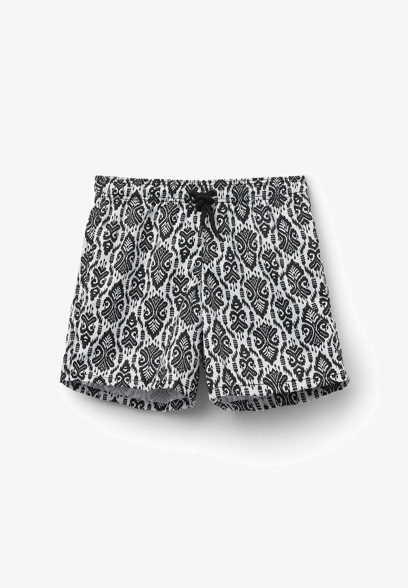 Black and white patterned swim shorts with a drawstring waistband, featuring a repeated paisley-like design and a relaxed fit.