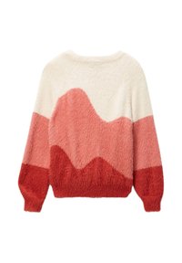 Pull court et duveteux en crème, rose et rouge avec des blocs de couleur en forme de vagues. Présente des manches longues et un col rond. Texture douce.