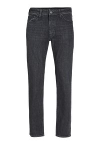 Meeste sirge säärega mustad teksapüksid, ees nupud, tõmblukk ja viie taskuga disain, valgel taustal.