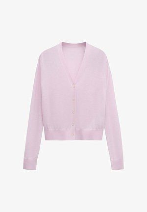 Lichtroze cardigan met lange mouwen, V-hals en vijf knopen aan de voorkant, met een aansluitende zoom en manchetten.