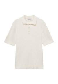 Polo à manches courtes en tissu côtelé de couleur blanc cassé, doté d'un col classique et d'une patte de boutonnage à trois boutons, avec un ourlet droit.