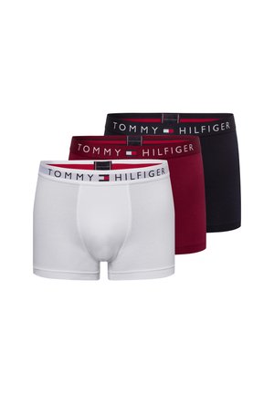 Drie heren Tommy Hilfiger boxershorts in wit, bordeaux en zwart met merkgestikte taillebanden.