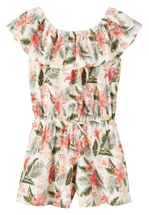 Hvid romper med pink og grøn tropisk blomsterprint, skulderfri med ruffles i halsudskæringen, elastisk talje og korte ben.