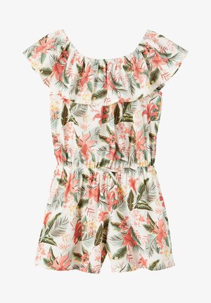 Hvid romper med pink og grøn tropisk blomsterprint, skulderfri med ruffles i halsudskæringen, elastisk talje og korte ben.