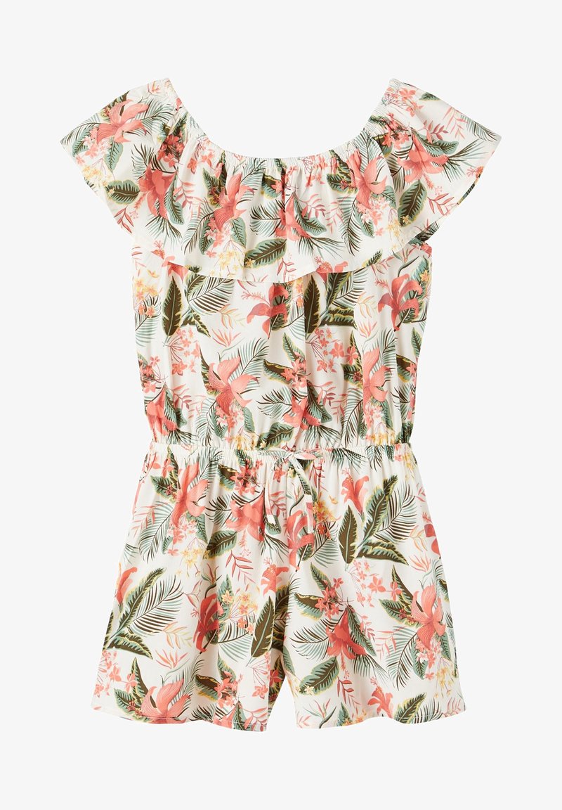 Combinaison blanche avec imprimé floral tropical rose et vert, encolure volantée épaules dénudées, taille élastique et jambes courtes.