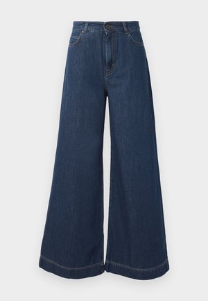 Mørkeblå vid bukser i denim, med høj talje, knaplukning og foldet nederkant med subtile sy-detaljer.
