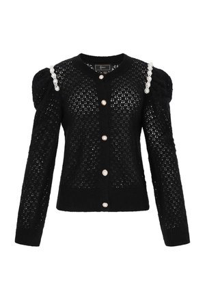 Sort strikket cardigan med et tekstureret mønster, der har puffede ærmer og dekorative knapper. Pyntet med perle-lignende detaljer på den ene skulder.