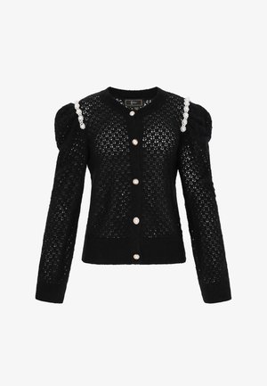 Schwarzer Strickcardigan mit strukturiertem Muster, versehen mit gepufften Ärmeln und dekorativen Knöpfen. Auf einer Schulter mit perlenähnlichen Akzenten verziert.