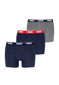 Tres pares de bóxers: azul marino con cintura blanca, gris y azul marino con cintura roja; todos presentan un ajuste ajustado y una tela suave.