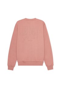 Ροζ φούτερ από μαλακό ύφασμα, με ριμπ μανσέτες και τελείωμα. Στη πλάτη εμφανίζεται μια μεγάλη ανάγλυφη σχεδίαση κειμένου.