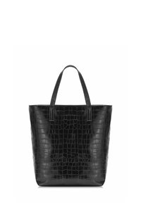 Czarna torba na ramię wykonana z skóry z tłoczeniem w wzór krokodyla. Wysoki, strukturalny kształt z dwiema krótkimi rączkami i bez widocznych elementów metalowych czy akcentów.