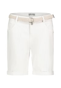 White cotton shorts with a braided white belt, front button closure, five pockets, and rolled cuffs. Label reads "SUBLEVEL" and size "M."