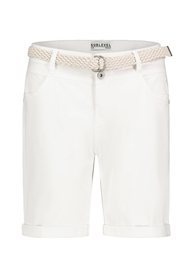 White cotton shorts with a braided white belt, front button closure, five pockets, and rolled cuffs. Label reads "SUBLEVEL" and size "M."