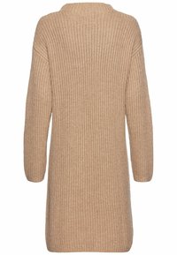 Strickpullover, mittellang, lockere Passform, beige Farbe, gerippte Textur, weite Ärmel, Rundhalsausschnitt, lässiges Design.