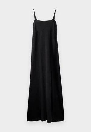 Maxi vestido negro sin mangas con una silueta recta, hecho de una tela suave. Presenta tirantes finos y un escote redondo.