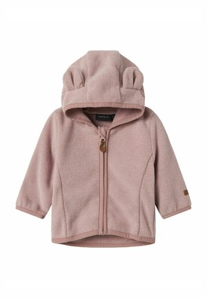 Rosa Fleece-Kinderjacke mit Frontreißverschluss und Kapuze, die zwei kleine Stoffohren hat.