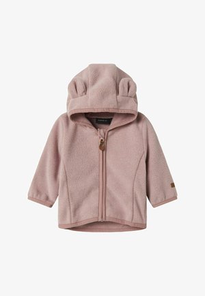 Vaaleanpunainen fleece-lapsen takki, jossa on edessä vetoketju ja huppu, jossa on kaksi pientä kangaskorvaa.