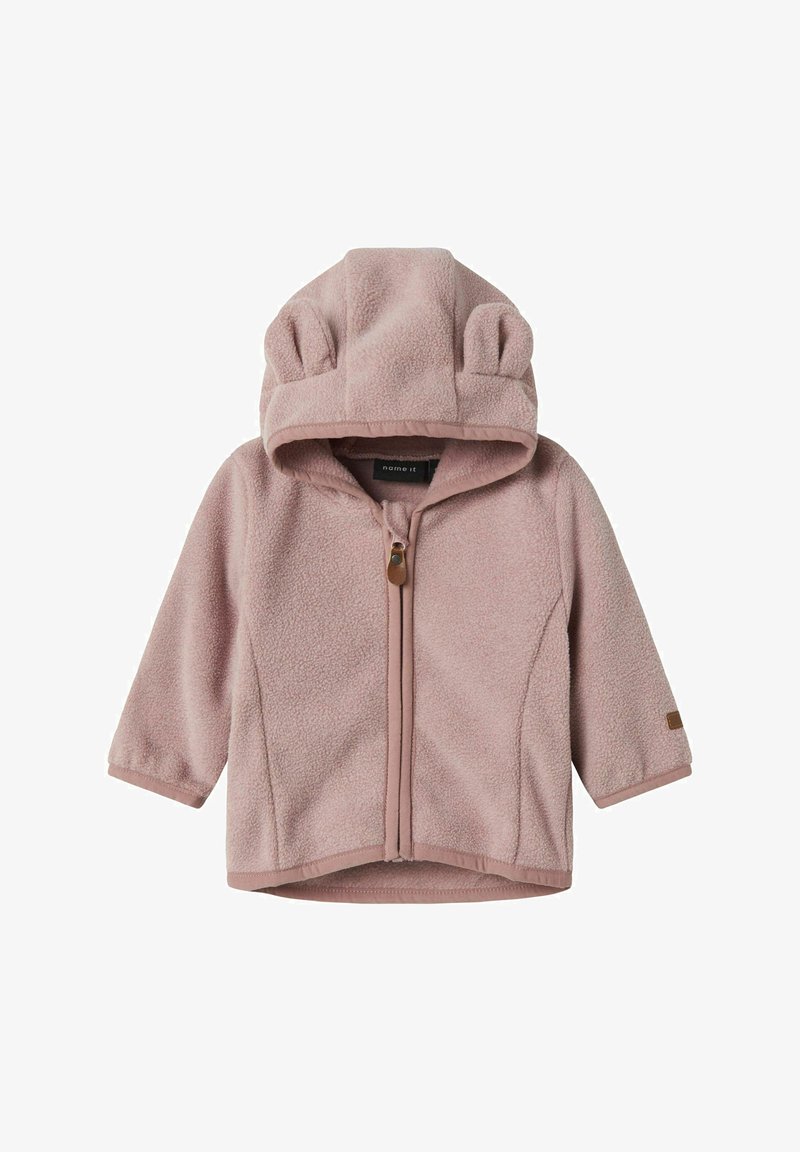 Roosa fliisist laste jope, millel on eesline tõmblukk ja kapuuts, millel on kaks väikest kangast kõrvakest.