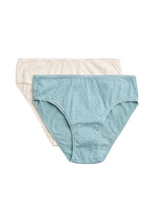 Dos pares de bragas de mujer: una en crema claro con pequeños puntos, y otra en azul verdoso con un patrón sutil. Ambas están hechas de una tela suave y elástica.