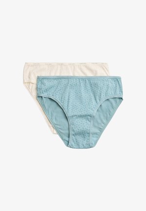 Dos pares de bragas de mujer: una en crema claro con pequeños puntos, y otra en azul verdoso con un patrón sutil. Ambas están hechas de una tela suave y elástica.