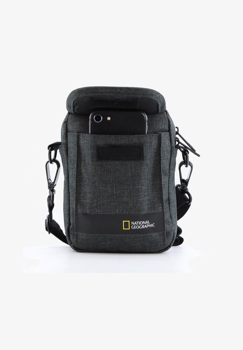 Gray fabric shoulder bag with a front pocket and a smartphone visible. Features a National Geographic logo and a clip for attachment.