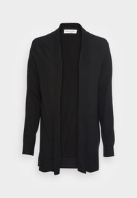 Cardigan nero con maniche lunghe, design aperto sul davanti e una texture liscia. Realizzato in stoffa morbida con uno stile minimalista. Senza chiusure.
