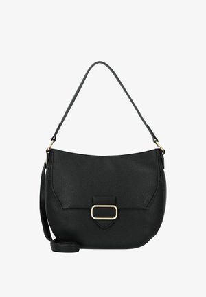 Sac à épaule en cuir noir avec une surface texturée, une forme incurvée, un accent en métal doré à l'avant et une seule sangle réglable.