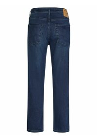Vaqueros azul oscuro de corte recto, con cinco bolsillos y un parche de cuero en la cintura trasera. Tela de denim con una textura suave.