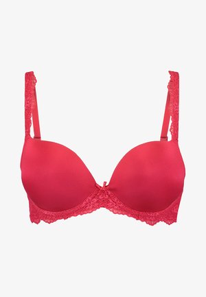 Red bra with padded cups, lace trim along the top and sides, adjustable straps, and a small bow at the center front.