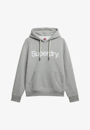 Felpa con cappuccio grigia in cotone, dotata di tasca frontale, cordini e un grande logo bianco "Superdry." sul petto.