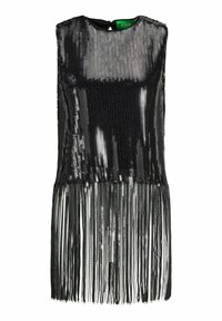 Musta paljettimekko, jossa on hihaton muotoilu, suora leikkaus ja helmafringet. Takana on suljenta pienellä avainnupilla.