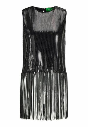 Svart paljettklänning med ärmlös design, med rak skärning och fransdetaljer vid fållen. Bakre stängning med en liten nyckelhålsöppning.