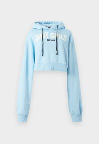 Ανοιχτό γαλάζιο κοντό φούτερ με μαύρα κορδόνια, μανσέτες με ριπ ύφανση και λευκή επιγραφή "JUST GIRLS" καθώς και μαύρη επιγραφή "Just cavalli" στο μπροστινό μέρος.