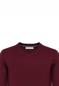 Maglione bordeaux con scollo tondo e maniche lunghe, caratterizzato da una trama a maglia liscia e un sottile accento di colore interno.