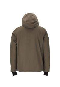 Brun huva jacka med en slät, matt yta. Har elastiska ärmar och en ren, enkel design utan synliga logotyper eller mönster.