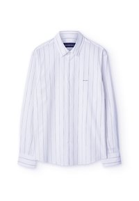 Camicia bianca a maniche lunghe con strisce verticali blu navy, colletto a bottoni e una singola tasca sul petto con un logo sottile.