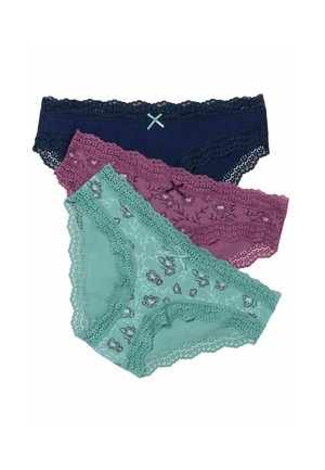 Tre dameunderbukser med blonderkant i navyblå, mauve med blomsterprint og teal med blomsterprint, hver med en lille sløjfe foran.