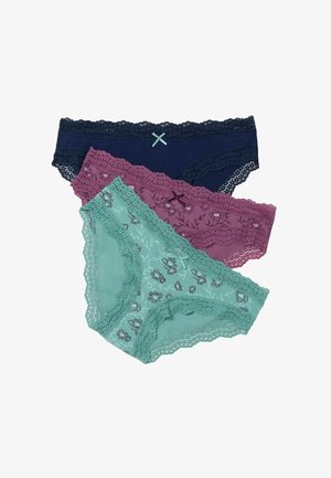 Tre dameunderbukser med blonderkant i navyblå, mauve med blomsterprint og teal med blomsterprint, hver med en lille sløjfe foran.