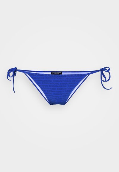 Royal blue bikini bottom with tie-side closures, featuring repeating logo pattern and sleek design. Made from soft, stretchy fabric.