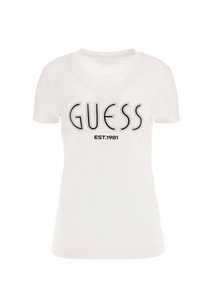 T-shirt bianca in cotone a maniche corte, con un prominente logo nero "GUESS" e "EST.1981" stampato sotto in testo nero.