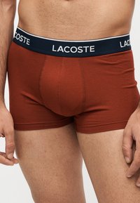 Torso masculin et parties supérieures des jambes portant un boxer couleur rouille avec une ceinture noire portant le nom de la marque Lacoste en blanc.