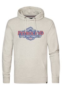 Sudadera gris claro hecha de un tejido suave, con un gran gráfico en azul y rojo que dice "PETROLIND" y un bolsillo tipo canguro en la parte delantera.