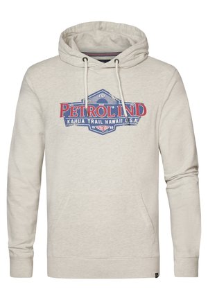 Harmaa huppari, joka on valmistettu pehmeästä kankaasta ja jossa on suuri sininen ja punainen "PETROLIND" -grafiikka sekä etupuolella kengurutasku.