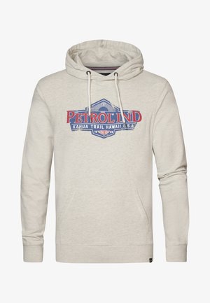 Hellgrauer Hoodie aus weichem Stoff, mit einem großen blauen und roten "PETROLIND"-Grafik und einer vorderen Kängurutasche.
