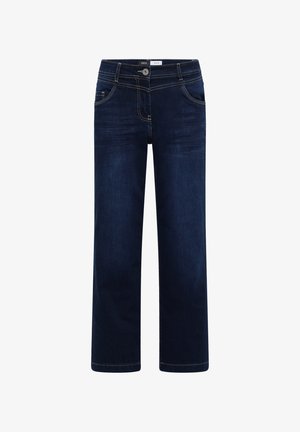 Mørkeblå denimjeans med brede ben, frontknap og lynlås samt synlige syninger på lommer og sømme.