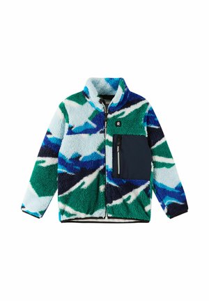 Fleecejacke mit einem mehrfarbigen blauen und grünen abstrakten Muster, hohem Kragen, Reißverschluss und einer linken Brusttasche mit Reißverschluss.